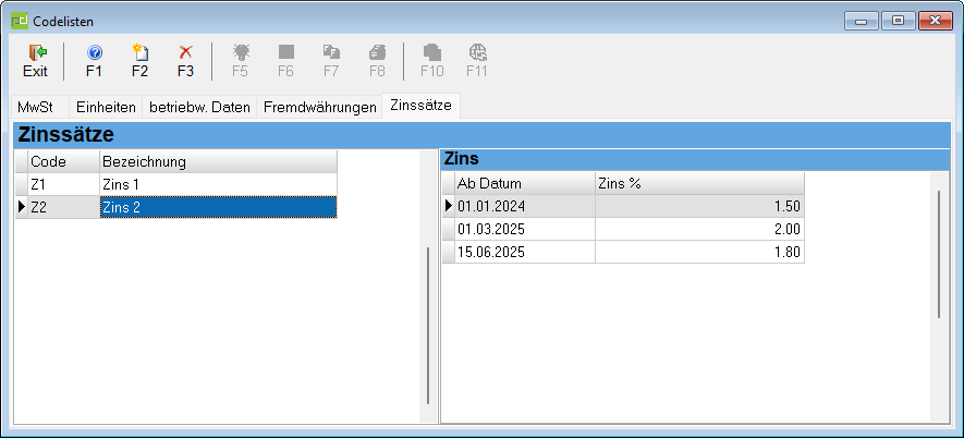 Zinsberechnung Codelisten